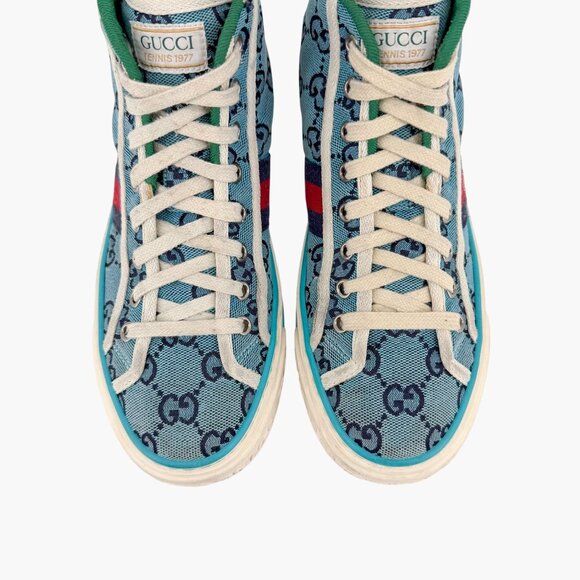 Gucci 1977 Tennis Blue GG Canvas High Top Sneakers Shoes Size 37 US 7 Women’s - Picture 3 of 14